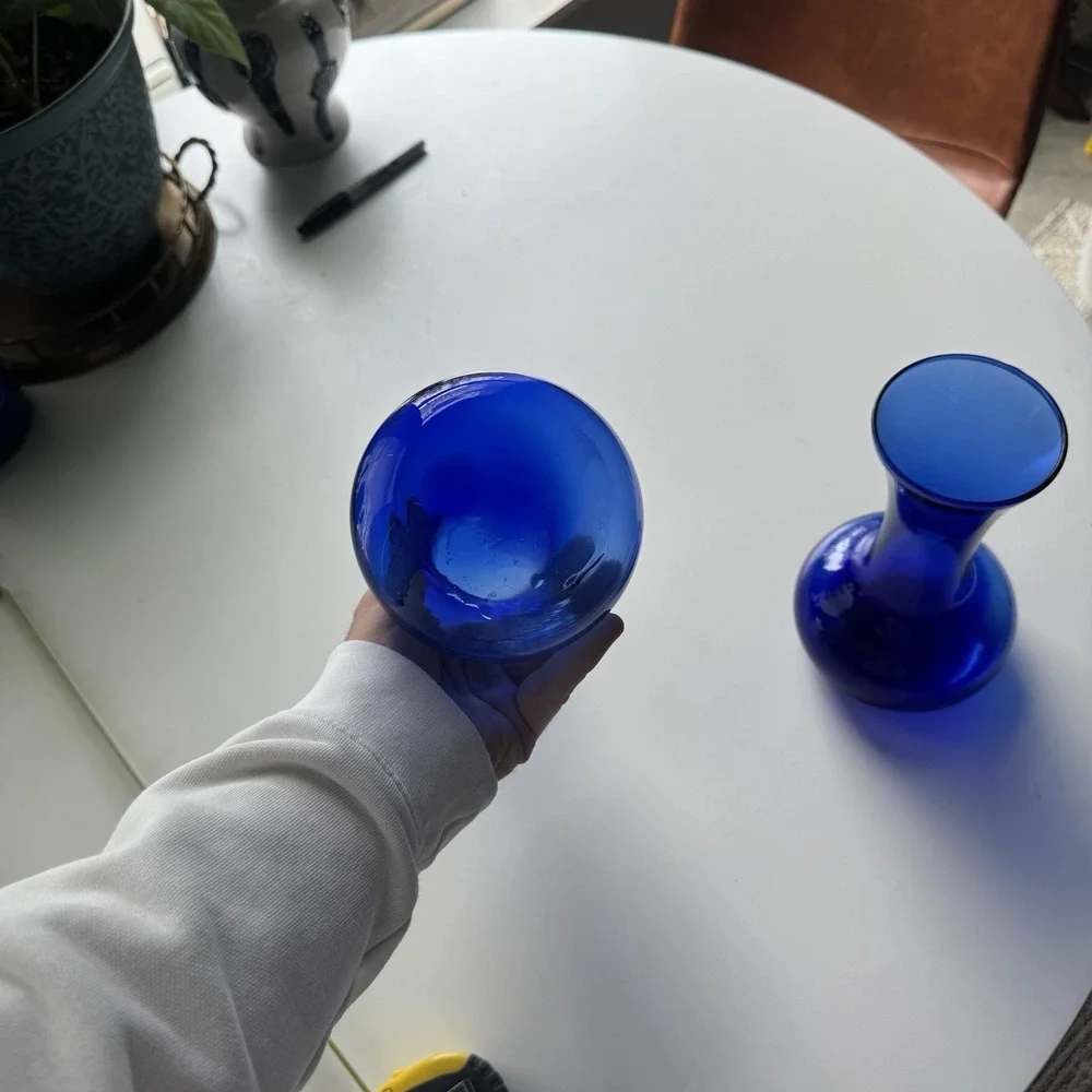 Pair Vintage Cobalt Blue Glass Bud Vases Flared Rim 8